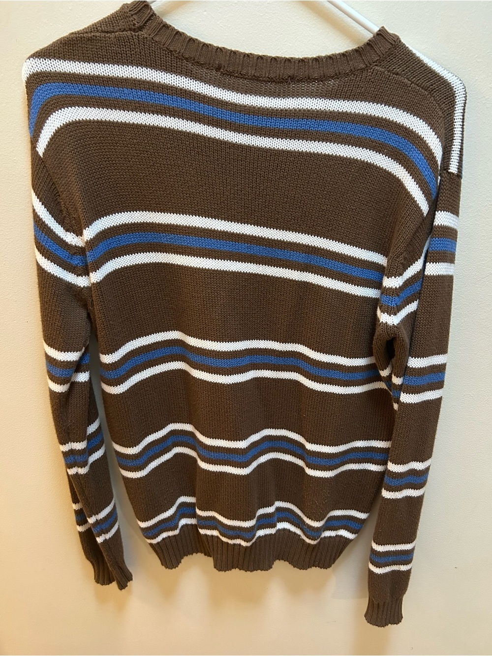 Brandy Melville Brown Crewneck Sweater with Blue and White Stripes